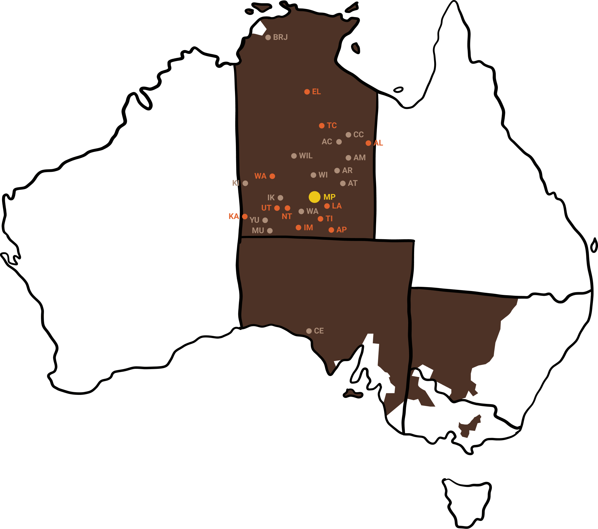 Map of Australia showing radio broadcast network of CAAMA all through the centre of Australia.